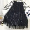 Skirts Fashion Sequined Pleated Women Spring Summer Tulle A-line Long Skirt Female Elegant Chic High Waist Midi