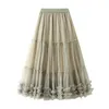 Rokken hoge taille lange zoete mesh max max geplooide rok vrouwelijke zware industrie houten oor stiksel grote swing puffy tulle rok vrouwen 230519