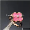 Band Rings Brand Luxury Clover Designer For Women Girls Diamond Crystal 18K Rose Gold Sweet Pink Love Nail Ring Party Wedding Jewelr Dhywa