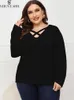 Camiseta shestarr plus size feminino topos 2022 casual simples t camisa feminina xl4xl crossover pescoço manga longa moda solta blusa de outono