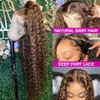 Long Brazilian Highlight Human Hair Ombre Colored Curly Front Wig Honey Blonde Hd Deep Wave Lace Frontal Wigssyynthetic