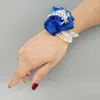 Fleurs décoratives 3 pièces / lot bleu royal Satin Rose demoiselle d'honneur poignet Corsage mariée cristal Bracelet main fleur accessoires de mariage SW001