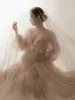 Women's Champagne Maternity Photo Shoot V-Neck Long Sleeves Tulle Floral Pregnant Photography Props Long Mesh Dress R230519