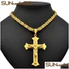 Pendant Necklaces Sunnerlees Stainless Steel Jesus Christ Cross Necklace Byzantine Link Chain Sier Color Gold Plated Men Boy Gift Dr Dhroh