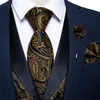 Coletes masculinos de traje de traje de marca para homens luxo seda preto dourado paisley colete de vestido gravata punho lençóis lençóis