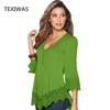 Camisa TEXIWAS primavera e verão moda feminina nova cor sólida Vneck personalidade plissada sexy renda costura camisa de fio de chiffon