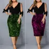 Plus size Dresses V-Neck Half Sleeve Beads Decor Bowknot Cuffs Waist Tight Size Elegant Dress Sexy Cold Shoulder Sequins Hip Wrap Bodycon Dre 230518