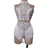 Stage Wear Jazz Dance Clothing Festival Outfit Women Diamond Pearls Top Fringed Shorts Gogo Costume Performance XS6284