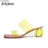 Slippers Eilyken Summer Clear PVC Square Toe Ladies Shoes Transparent Crystal Round Ball Heel Slippers Women Leopard Grain Jelly Sandals J230519