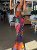 Grundläggande casual klänningar Julissa Mo Elegant Tie Dye Floral Chiffon Dress Summer Sexiga kvinnor Backless Lace Bodycon Se genom Beach Party Vestidos 230518