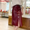 Dresses 2022 New Winter Women French Retro Split Genuine Leather 65cm Long Skirt Female Knee Over Buttons Wine Red/Yellow Saia Faldas