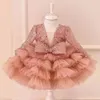 Kız Elbise Mizaç Tasarımı Çocuk Prenses Elbise Balo Elbise Uzun Kollu Dantelli Kızlar Doğum Günü Gowns Modeli Kabarık Çiçek