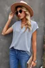 Sky Blue V Neck Lace Trim T-shirt 2023 Hot New U0YZ#