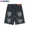 Mens jeans high street vijfpunten sterrenpatch denim shorts zomer losse hiphop raw rand knielengte 230519