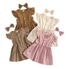 Filles Robes Infantile Enfants Bébé Fille Col Rond Coton Lin Robe Enfants Enfant Solide Mouche Manches Boutonné Robe Correspondant Épingle À Cheveux 6M4T 230518