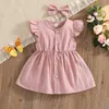 Filles Robes Infantile Enfants Bébé Fille Col Rond Coton Lin Robe Enfants Enfant Solide Mouche Manches Boutonné Robe Correspondant Épingle À Cheveux 6M4T 230518