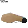 Slippers Eilyken 2023 Novo shiels de shinestone de moda Mulheres saltos altos Cabeça quadrada de cabeça aberta para PVC Crystal Party Feminina