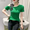 Women's T-Shirt 2023 Summer New European Short Sleeve T-Shirt Off-Shoulder Beads Flower Ironing Drill Women' s Tops BlusasL230519