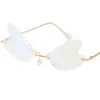 Mode femmes lunettes de soleil sans monture libellule aile soleil lunettes drôle Eyewaer alliage Temples mascarade lunettes couleur lentille lunettes