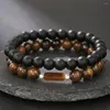 Bracelets porte-bonheur Bracelet en pierre naturelle Vintage pour hommes 8mm oeil de tigre noir givré perle ensemble bijoux