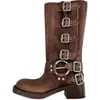 2023 Luxurys Designers Women Miu Boots Tall Band Platform Boots Y2K Style Brown Leather Riker Boot Round Toe Heel Martin Boots Belt Buckle Trim Trim