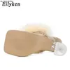 Pantoufles Eilyken Été Pantoufles Femmes Furry Slides Mode Bout Carré Transparent Perspex Talons Strass Sandales Femme Flip Flop Chaussure J230519