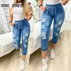 Jeans Women Solid Casual Elastic Waist Ripped Pocket Tape Skinny Denim Capris Jeans