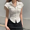 Womens TShirt Skinny Uniform Camicia a maniche corte Coreano Tasche con colletto rovesciato Bianco Slim Fit Monopetto OL Abbigliamento donna 230519