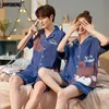 Men's Sleepwear Youth Couple's Pajamas Summer Shorts Texture Cotton Soft Breathable Men and Women Matching Lounge Wear Lapel Cartoon Printed Pjs 230519