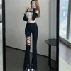 Jeans sexy zwart asymmetrische veter skinny wijd uitlopende jeans hoge taille voorste spleet dames denim broek holle rekbare gotische strakke broek