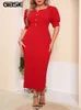 Tops GIBSIE Plus Size Square Neck Button Front Puff Sleeve Dress Women Vintage Elegant Office Ladies Bodycon Split Long Dresses