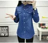 Dames blouses shirts lente herfst dames katoenen zak met blouse met een blauwe spijker met een blauw denimhirt met één borsten casual tops 230519
