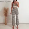 Hosen Creatingtime Zweiteilige Sets Damen Outfits Gestreifte Gestrickte Sexy Weste + Lässige Hose mit weitem Bein Anzug 2023 Frühling Sommer Neu LH477