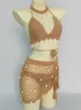 Swim wear Woman Bikini Set Crochet Shell Tassel Top Sexy Thong Bottom See-Through Hollow Out Bandage High Waist Short Beach Skirt 230518