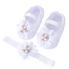 Första Walkers Baby Girls Flats och pannband Soft Sole Non-Slip Pearl Flower Princess Wedding Dress Walking Shoes For Born