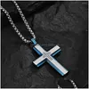 Pendant Necklaces Artistic Jewelry Wholesale Engrave Cnc Inlaid Zircon Stainless Steel Blue Layer Plaid Men Cross Necklace Drop Deli Dhzaj