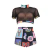 Women's T Shirts Summer Two-pieces Clothing Set Women Shirt Shorts Mesh Crop Tee With Printed Short Pants Sexy Female