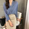 Blouses pour femmes S-4XL automne mode femmes élégant col en v en mousseline de soie Blouse bureau dame à manches longues chemises de travail femme Streetwear surdimensionné