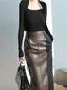 Skirts Nerazzurri Spring Midi Leather Skirt Women Brown White Black Long High Waisted Pencil for Side Slit Zipper 7xl 230519