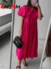 Grundlegende Freizeitkleider Damen Sommer Maxikleid 100 % Baumwolle O-Ausschnitt Aline Oversize Kurzarm Midi Puff Weiß Grün Lang 230518