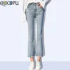 Kvinnors jeans koreanska sommaren hög midja slim flare jeans kvinnor avslappnad elegant ankel längd denim byxor söta vaqueros stretch jeansy pantalones 230519