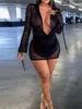 Grundläggande avslappnade klänningar WSevypo Seethrough Mesh Sheer Coverups Dress Women Sexig långärmad Deep V Cowl Neck Bodycon Night Club Bar Street Wear 230519