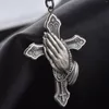 Chaînes RICKI mains priant croix rétro collier euro américain chrétien 925 argent plaqué noir pendentif ZY122