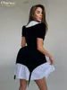 基本的なカジュアルドレスclaciveファッションブラックパッチワーク女性エレガントな人形襟短袖ミニドレスレディオフィス女性230518