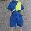 INCERUN Men Patchwork Rompers Lapel Short Sleeve Drawstring Loose Irregular Jumpsuits Streetwear 2023 Fashion Men Overalls S-5XLL230519