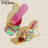 Slippare Eilyeken Camouflage Transparent Strange High Heels Woman Slippers Sandaler Square Toe Lady Pumps Slides Storlek 35-42 J230519