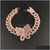 Chain Iced Out Diamond Women Body Jewelry Zircon Cuban Link Anklet Gold Sier Pink Butterfly Anklets Bracelets Drop Delivery Dhxfi