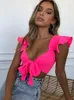 Womens Blouses Shirts Women Summer Blouse Ruffle Short Sleeve V Neck Front Tie Up Crop Tops Fashion Casual Sexy and Female 230519