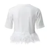 Camiseta feminina de manga curta penas de colheita de colheita Mulheres pretas verão branco peludo oneck t sucha feminina elegante y2k sexy club Party tops 230520