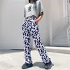Kvinnor Pants Sports Casual Milk Cow Print Flare Women Street Indie Fashion Lose Long Mid Length Trousers 2023 Spring Autumn
